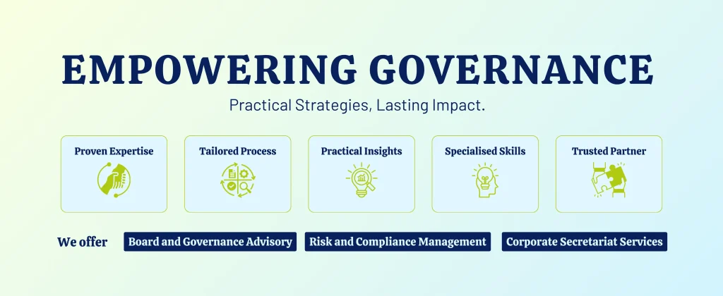 Empowering governance Practical Strategies, Lasting Impact. with icons about Proven Expertise, trailored process, practival insights, specialised skills, trusted partner. thrive partners offering board and governance advisory, Risk compliance management, corporate secretariat services